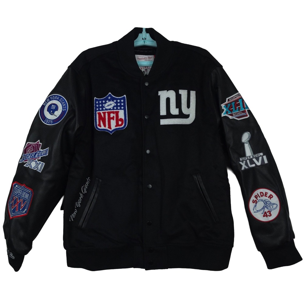NY Giants Mitchell & Ness NFL Large Jacket Black Wool Leather Sleeves 3D Art NWT